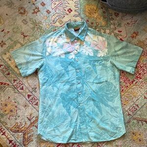 Vintage 90s Mens Hawaiian Shirt Size Large Blue Pink Floral Palm Fronds Aloha